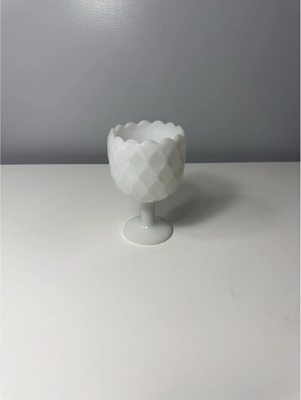 VTG Diamond Quilted White Milk Glass Water Wine Goblet Compote Pedestal 6.25” H